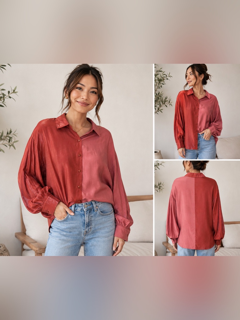 GLAM Colorblock Satin Button Down Blouse Size S Pink Rust Balloon Sleeve NWOT